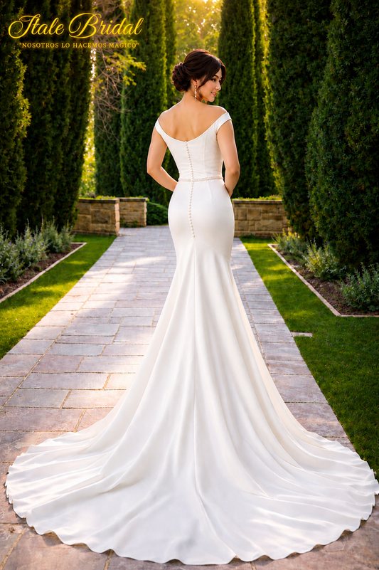 Vestido de novia corte sirena con cinturón delicado y espalda descubierta con escote barco y botones.