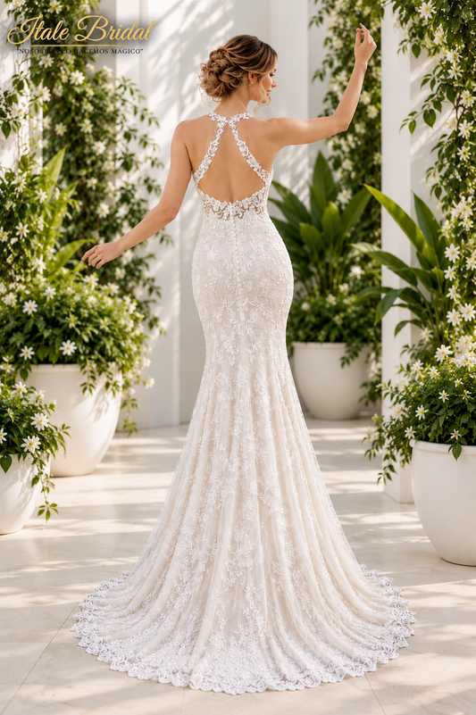 Vestido de novia corte sirena con encaje floral bordado y espalda descubierta con tirantes cruzados.