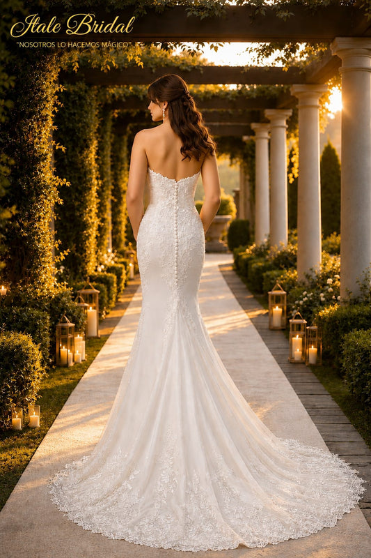 Vestido de novia corte sirena con encaje floral bordado y espalda descubierta con botones