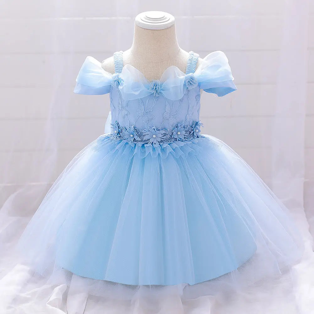 Newborn Baby Girl Birthday Baptism Dress One Shoulder Puff Sleeves Princess Dress My Kids-USA