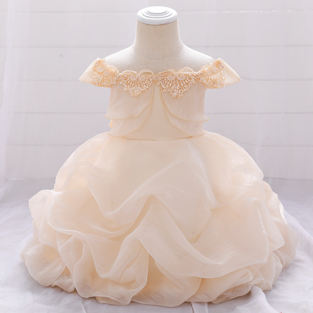 Baby Girl Solid Color One Shoulder Design Tutu Formal Dress Baptism Birthday Dress My Kids-USA