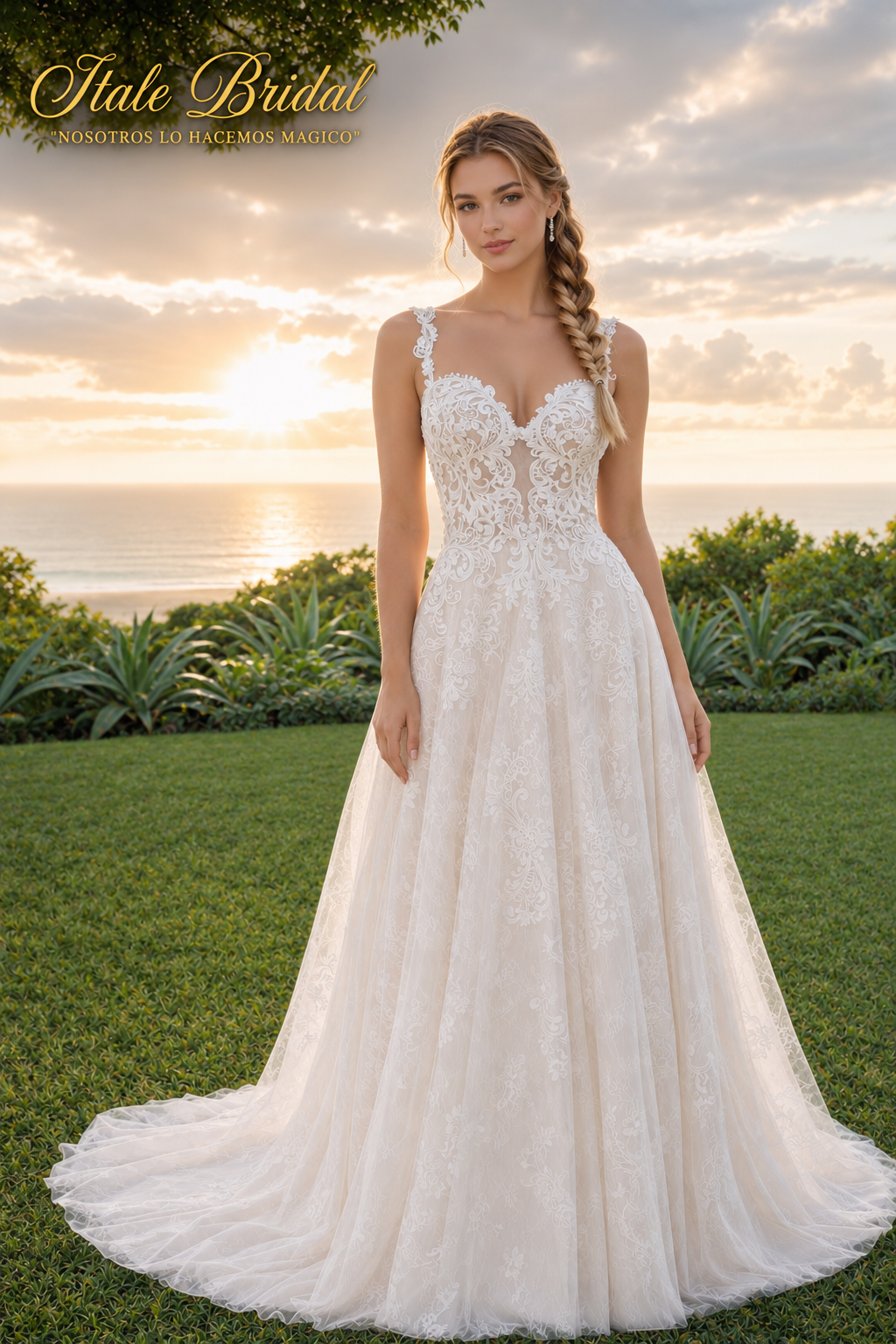 Vestido de novia corte A con encaje mate floral bordado y escote corazón con tirantes.