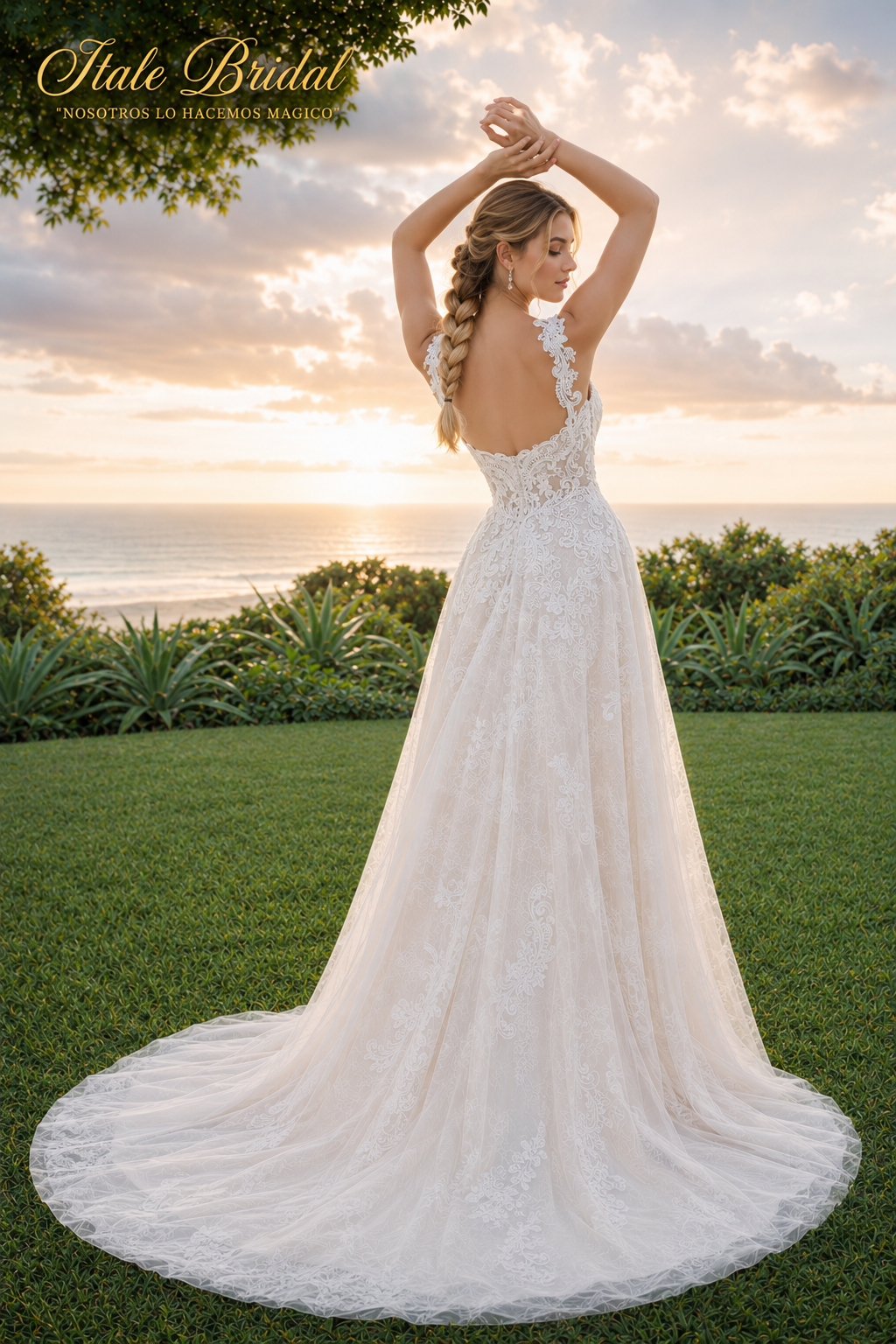 Vestido de novia corte A con encaje floral bordado y espalda descubierta, tirantes y cola.