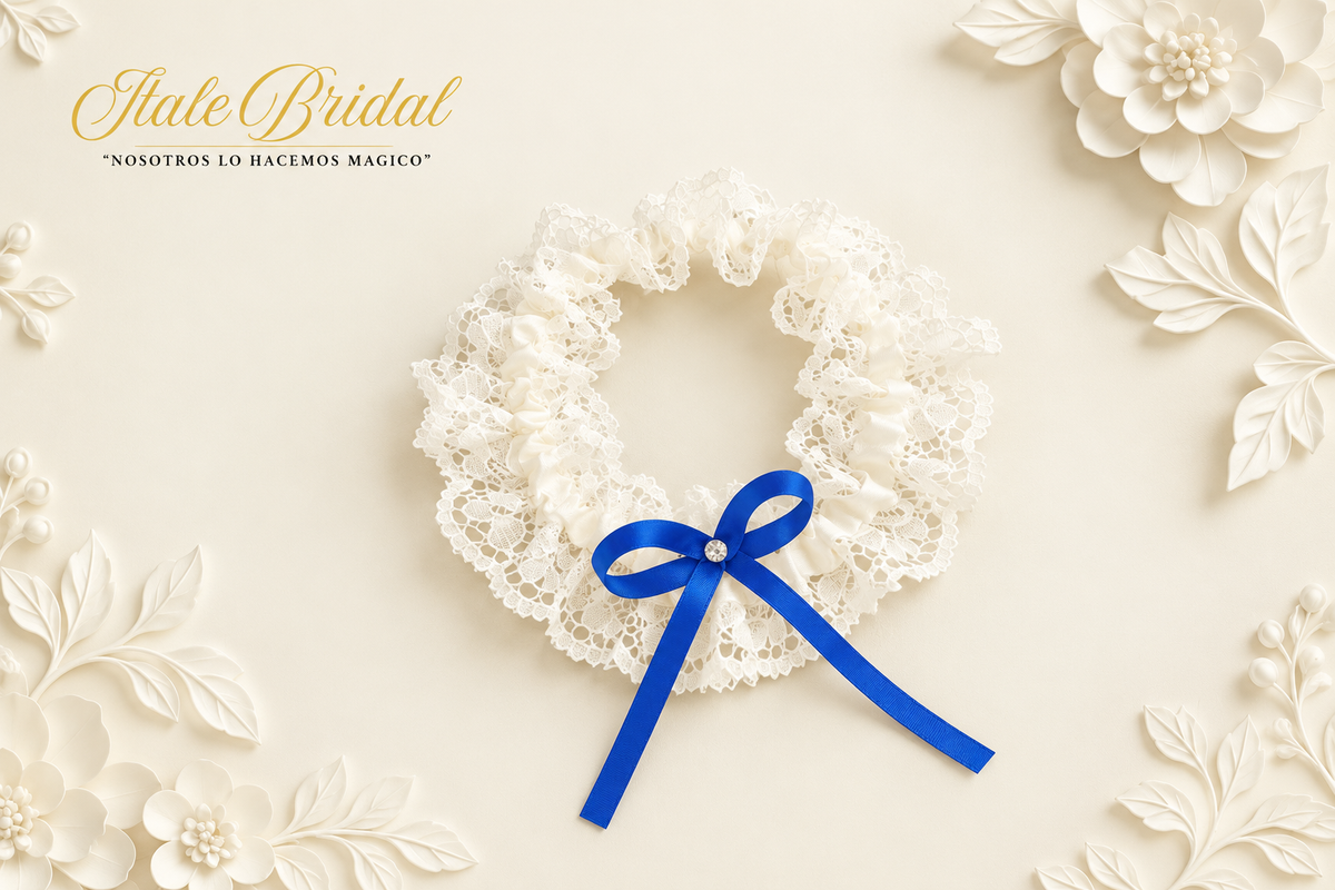 LIGA DE NOVIA-COLOR IVORY CON LAZO AZUL