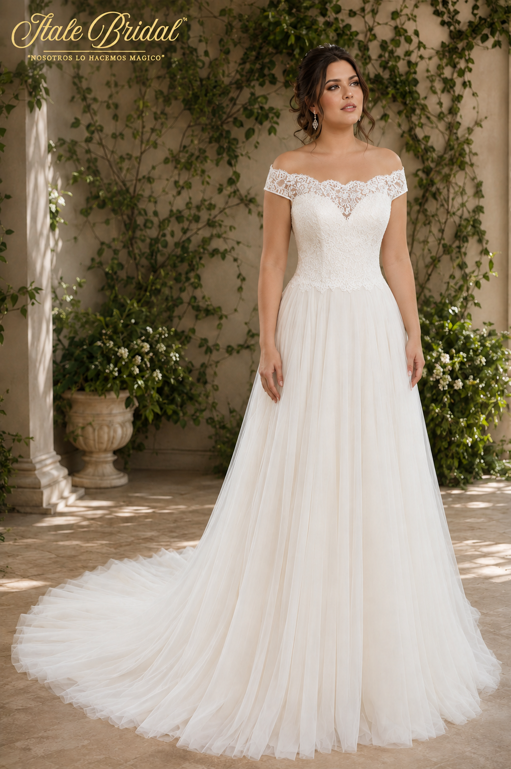 Vestido de novia corte A con encaje bordado y escote barco con hombros descubiertos delicados.