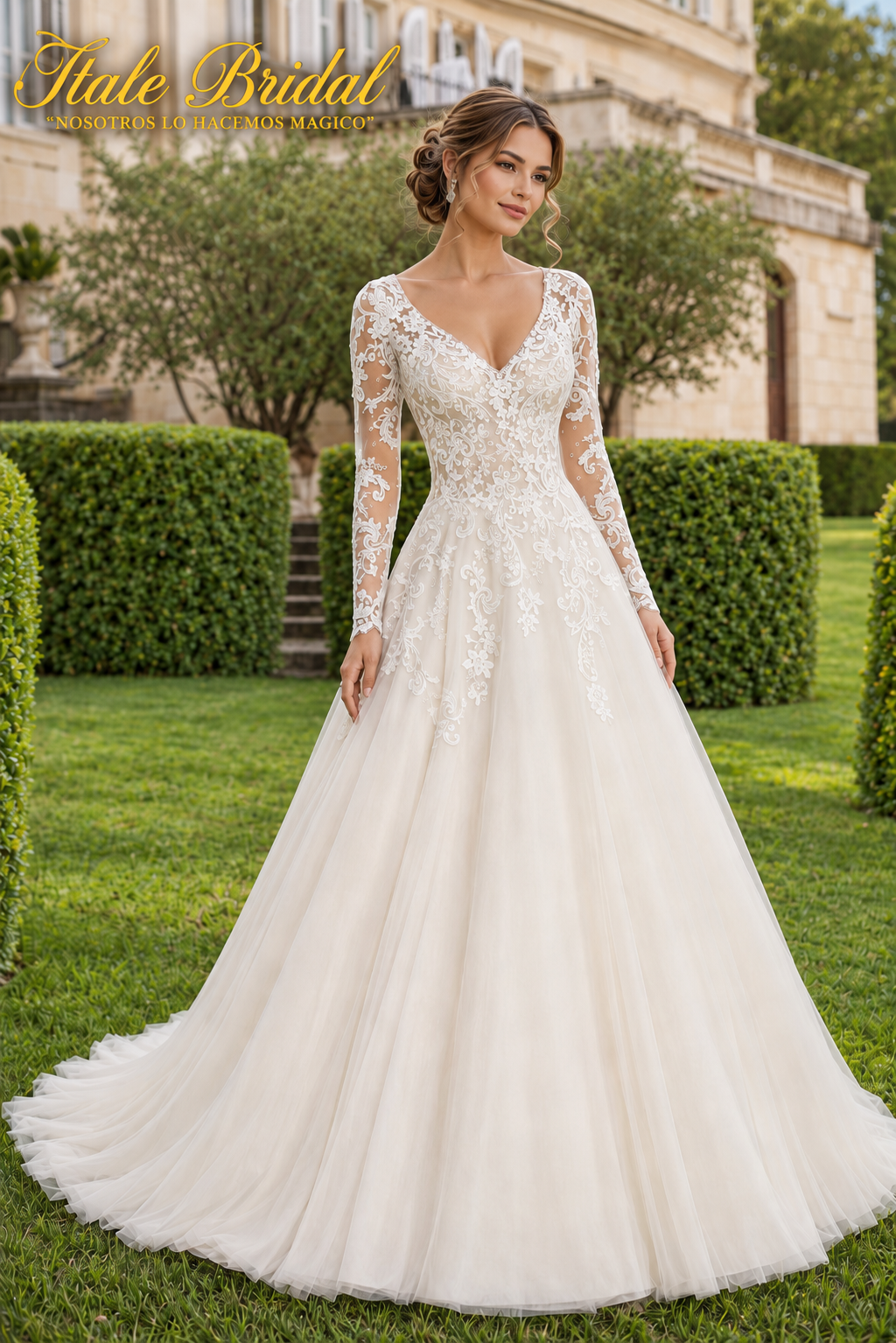 Vestido de novia corte A con encaje floral bordado y escote en V con mangas transparentes.