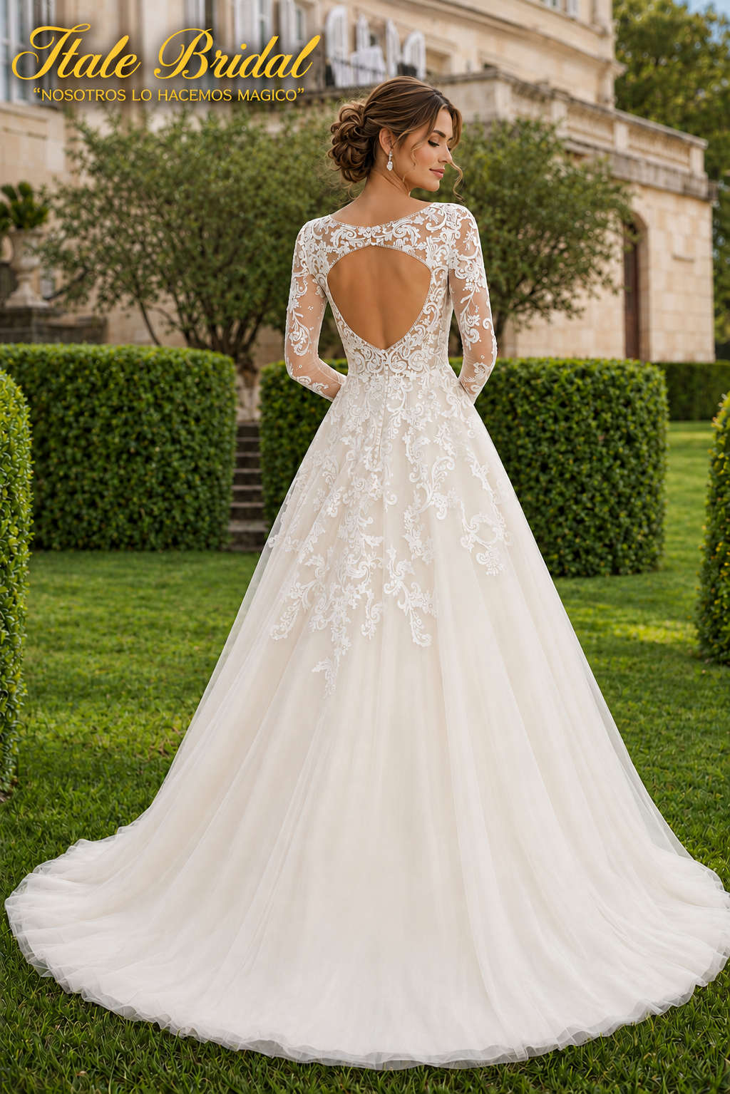 Vestido de novia corte A con encaje bordado y espalda descubierta con mangas largas transparentes.