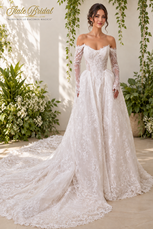 Vestido de novia corte princesa con encaje floral y escote corazón con mangas largas transparentes.