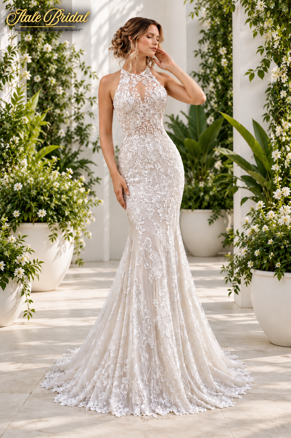 Vestido de novia corte sirena con encaje floral bordado y escote halter con cola larga.