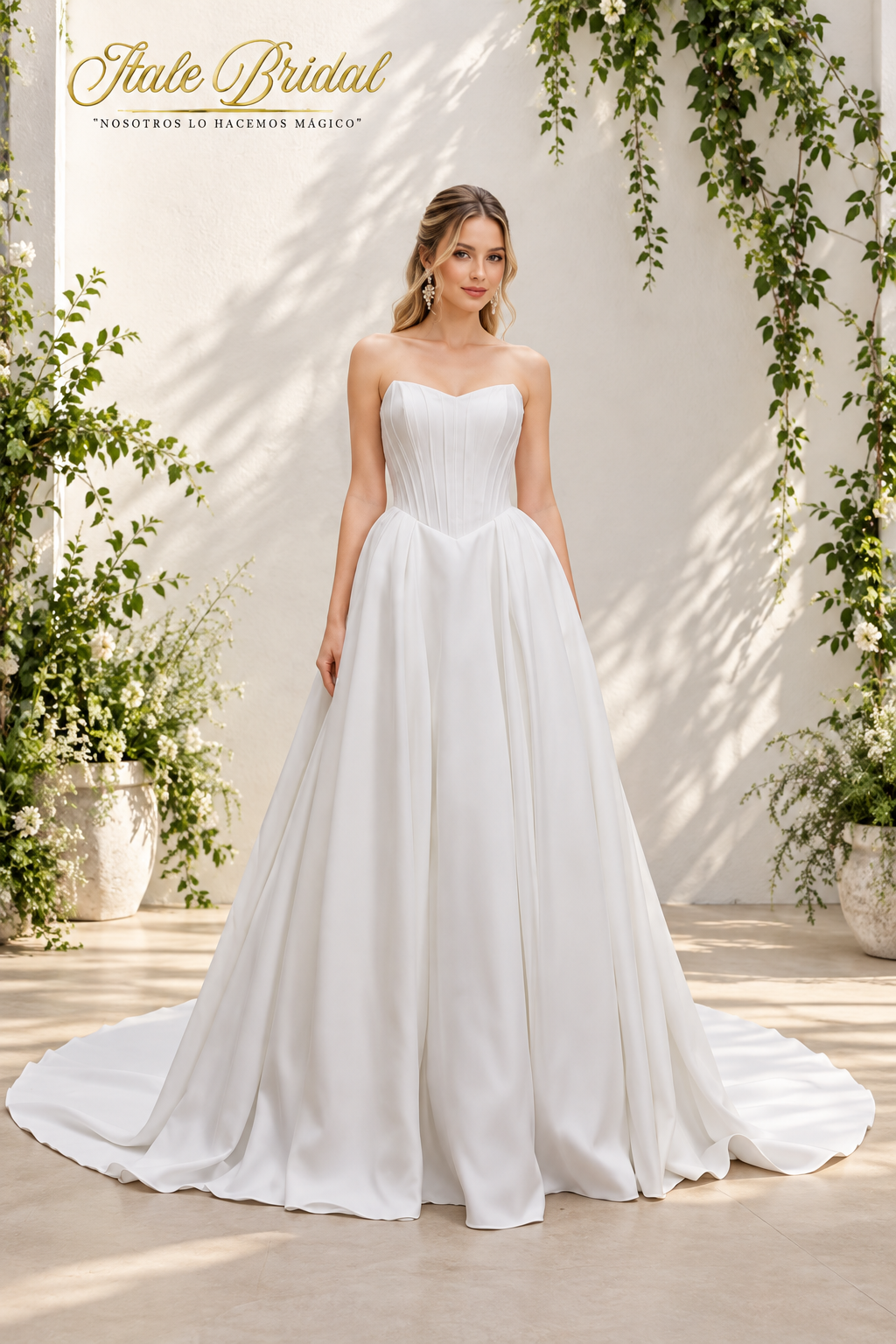Vestido de novia corte princesa con corsé plisado strapple con encaje, falda de pliegues lisa.