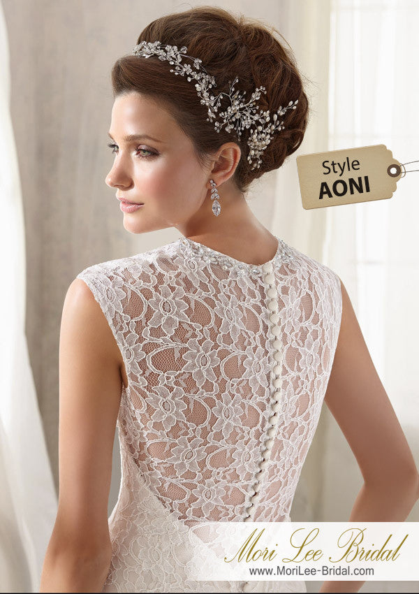 Vestido de novia con encaje nupcial adornado abalorios de cristal, AONI*