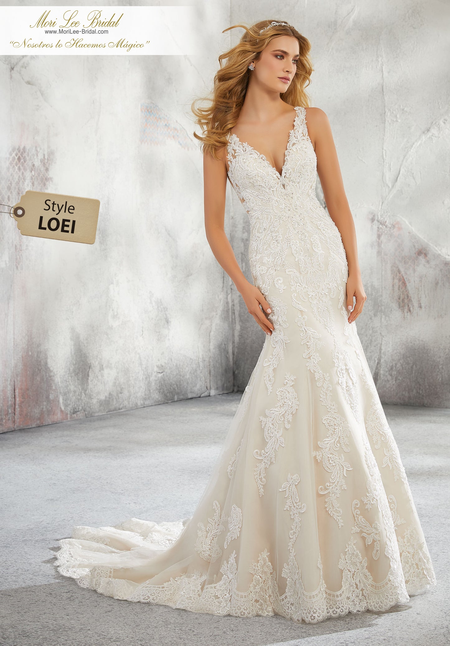 Vestido de novia con vuelo y corte clásico con aplicaciones de encaje de Alençon con pedrería en la red y una impresionante espalda ilusión. LOEI*