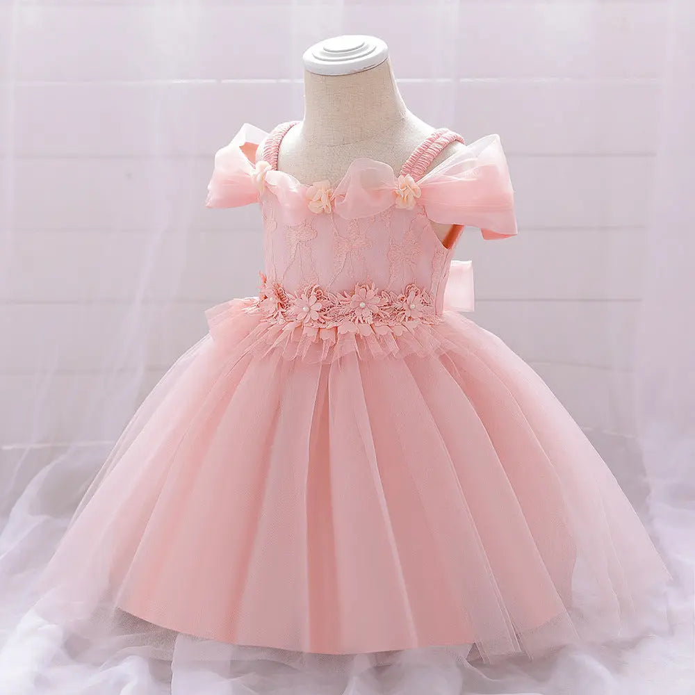 Newborn Baby Girl Birthday Baptism Dress One Shoulder Puff Sleeves Princess Dress My Kids-USA