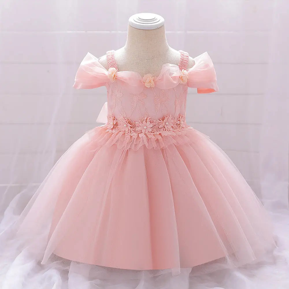 Newborn Baby Girl Birthday Baptism Dress One Shoulder Puff Sleeves Princess Dress My Kids-USA