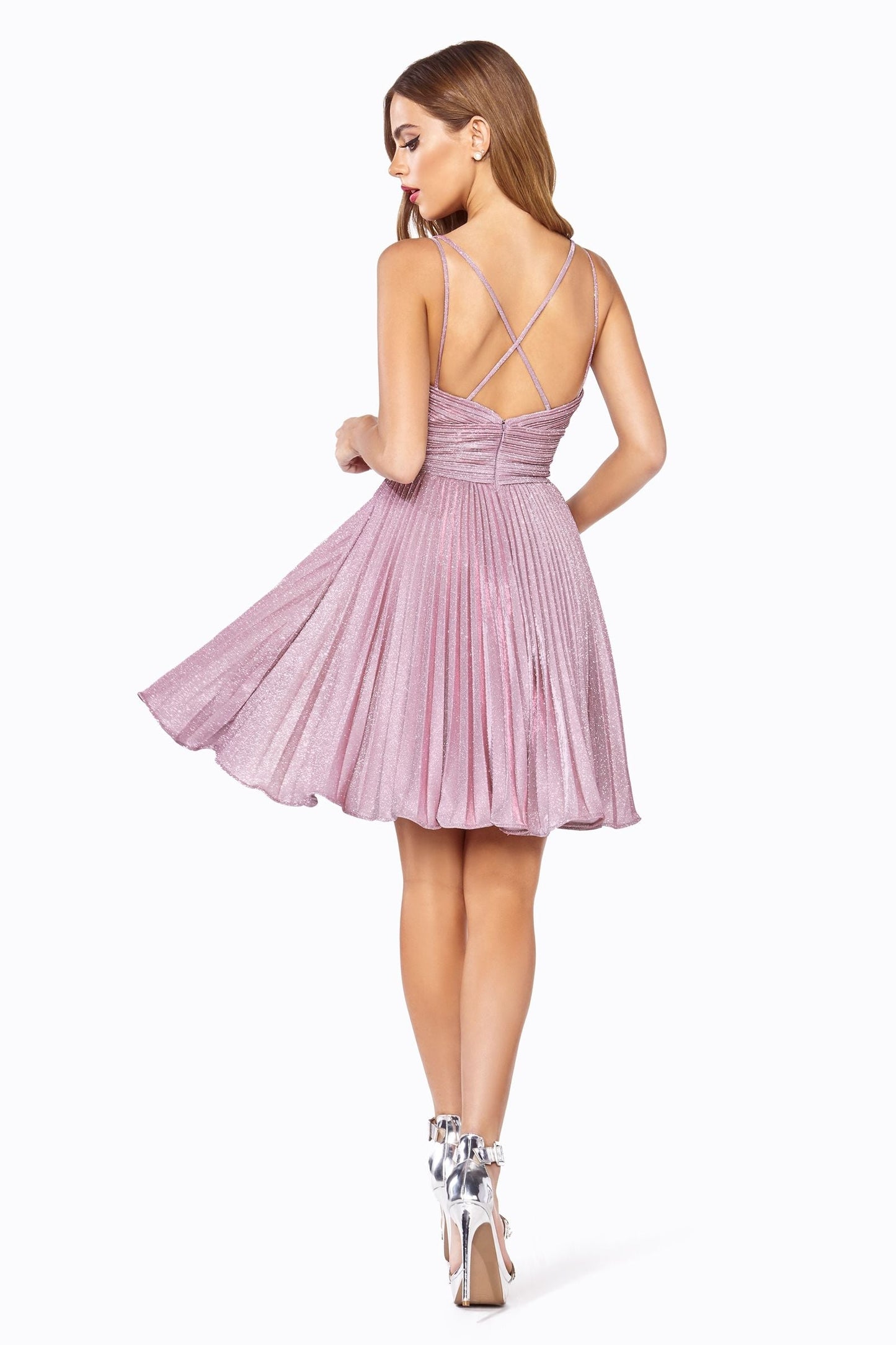 A-Line Short Dress With Pleated Glitter Fabric Details And Criss Cross Back.