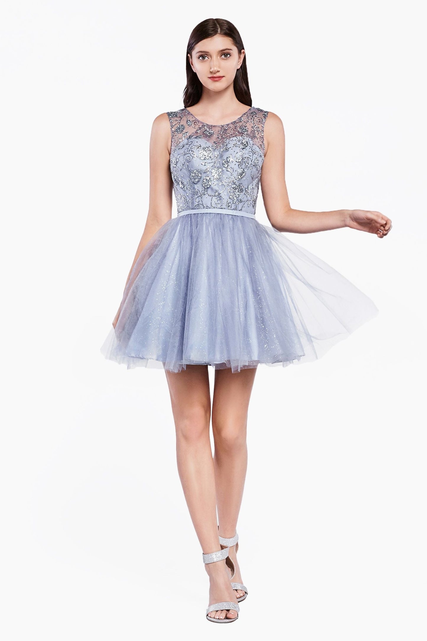 A-Line Tulle Short Dress With Glitter Detail And Illusion Neckline.