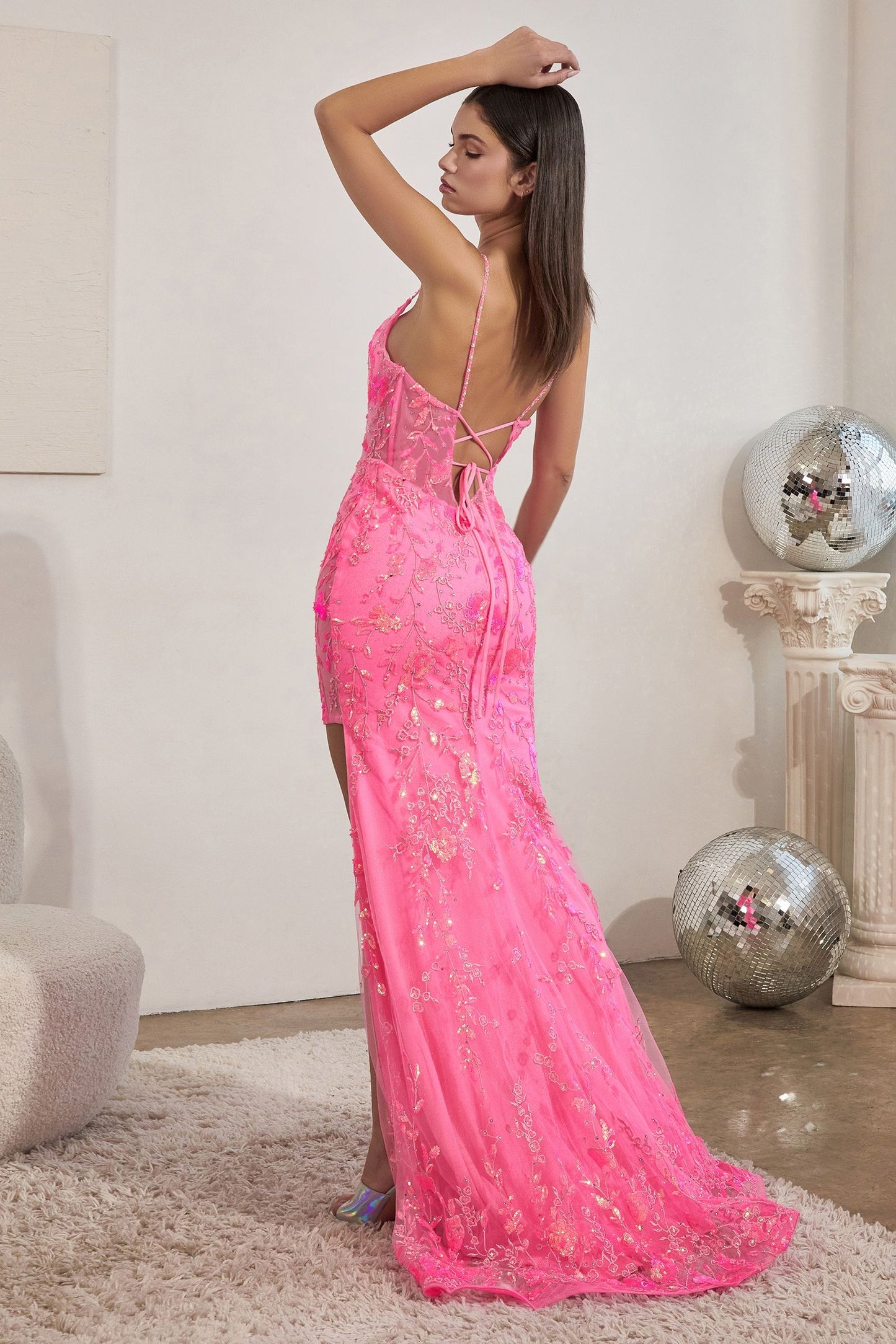 Neon Sequin Print Fitted Gown