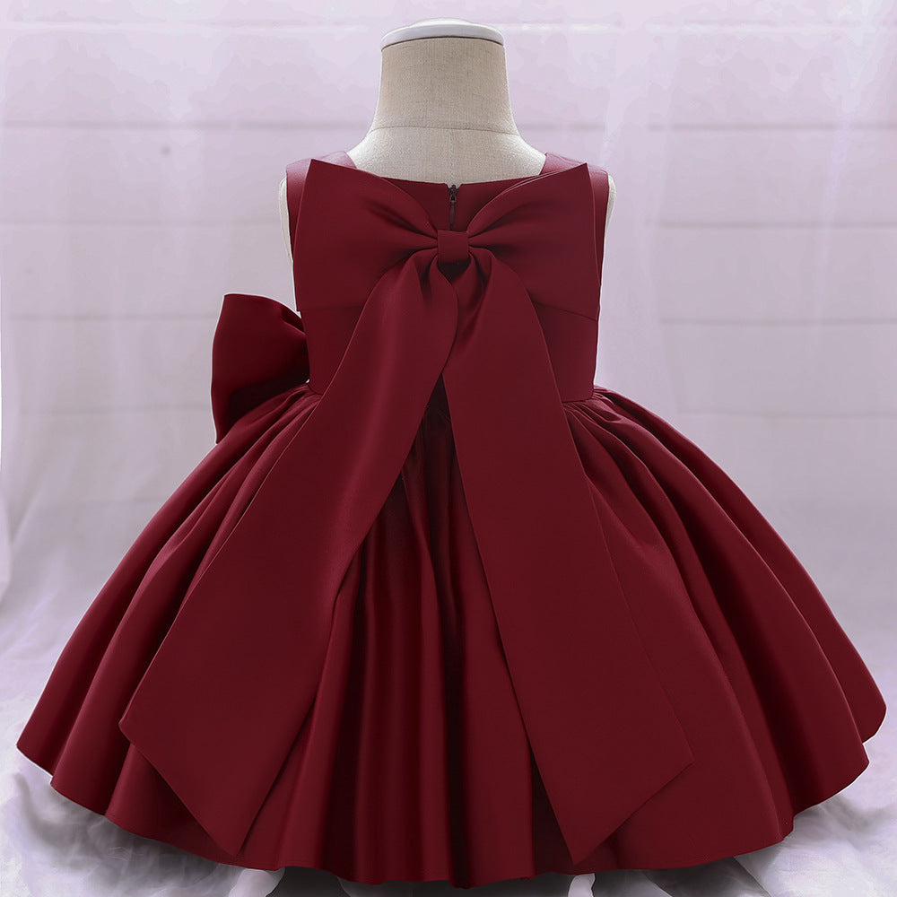 Baby Girl Solid Color Bow Patched Design Sleeveless Western Style Satin Dress My Kids-USA