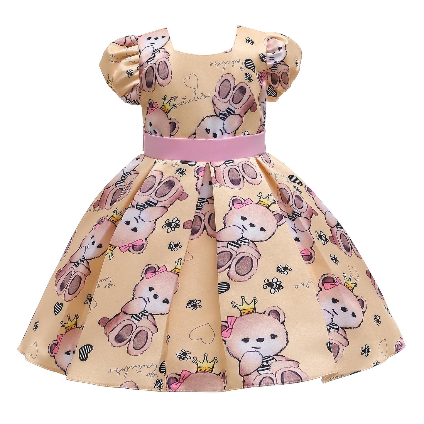Baby Girl Cartoon Bear Pattern Puff Sleeves Princess Formal Dress My Kids-USA