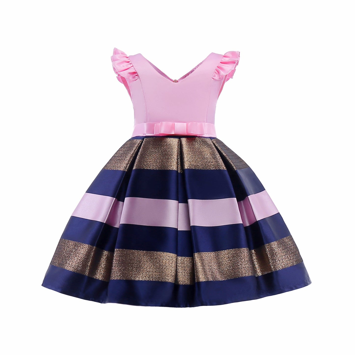 Baby Girl Striped Pattern V-Neck Western Style Formal Dress My Kids-USA