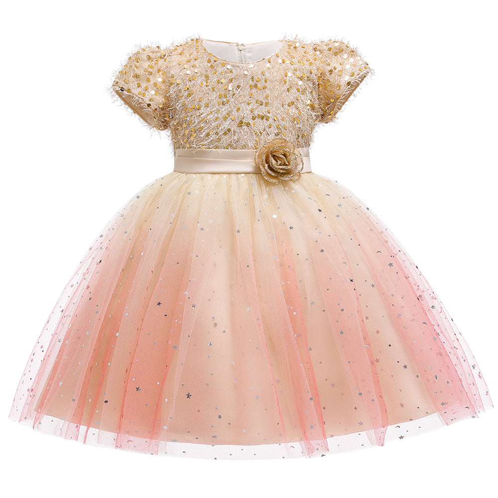 Baby Girl Sequins Patched Pattern Floral Tutu Princess Starry Sky Dress For Special Occasions My Kids-USA