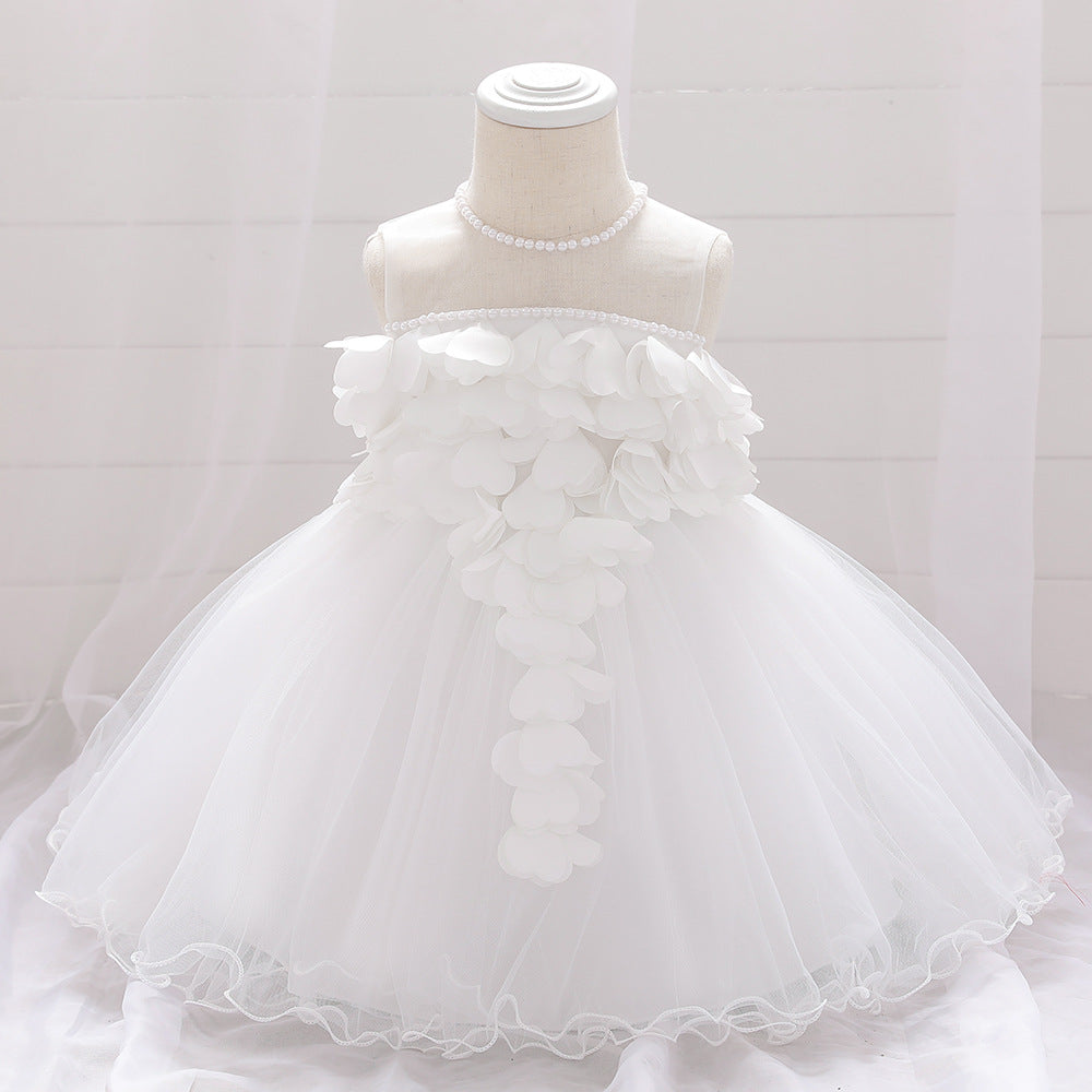 Baby Girl Petal Patched Design Sleeveless Full Moon Christening Mesh Dress My Kids-USA