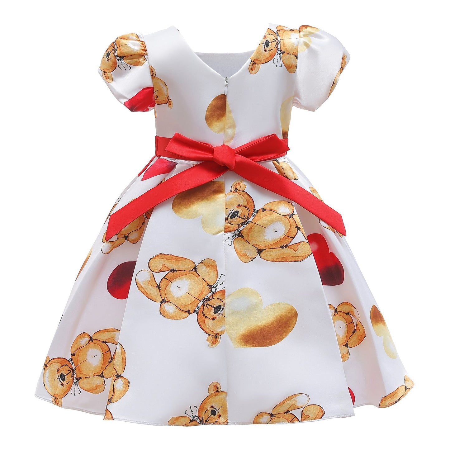 Baby Girl Cartoon Bear Pattern Puff Sleeves Princess Formal Dress My Kids-USA