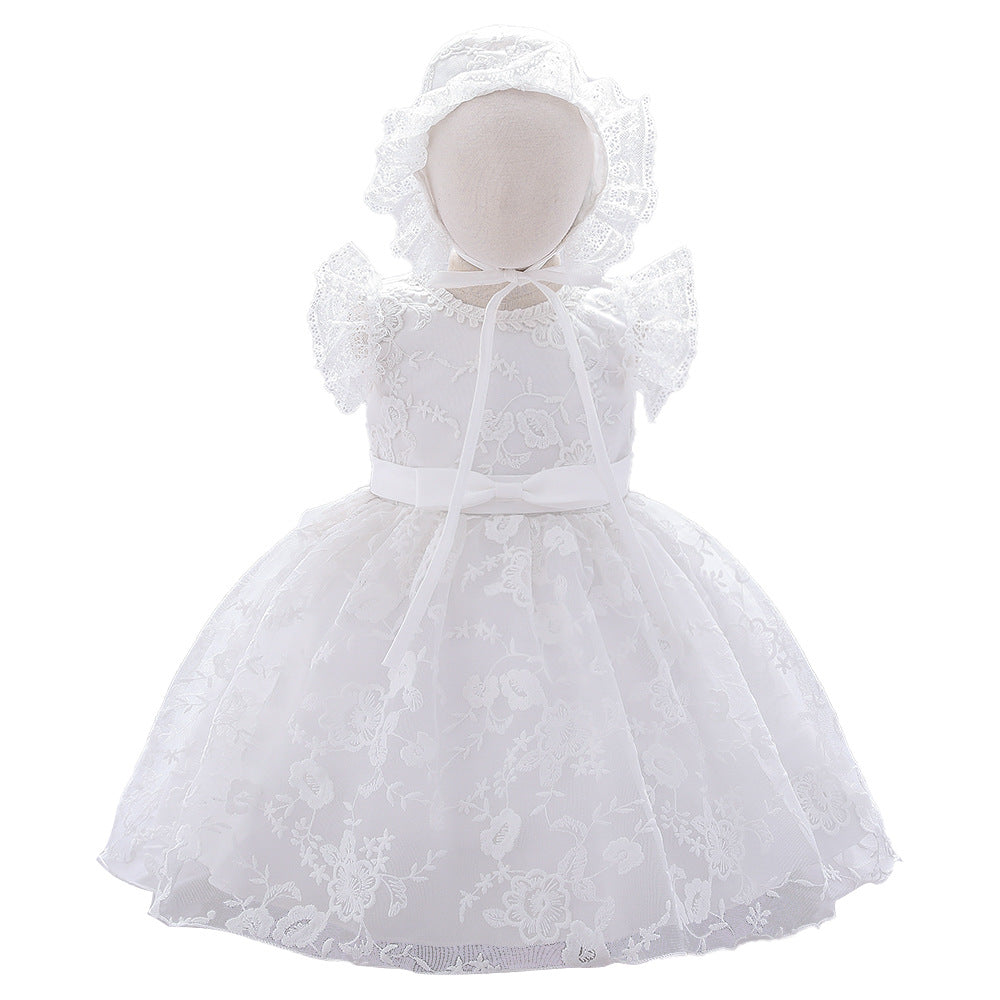 Baby Girl Solid Color Mesh Overlay Design Formal Baptism Birthday Gift Dress With Hat My Kids-USA