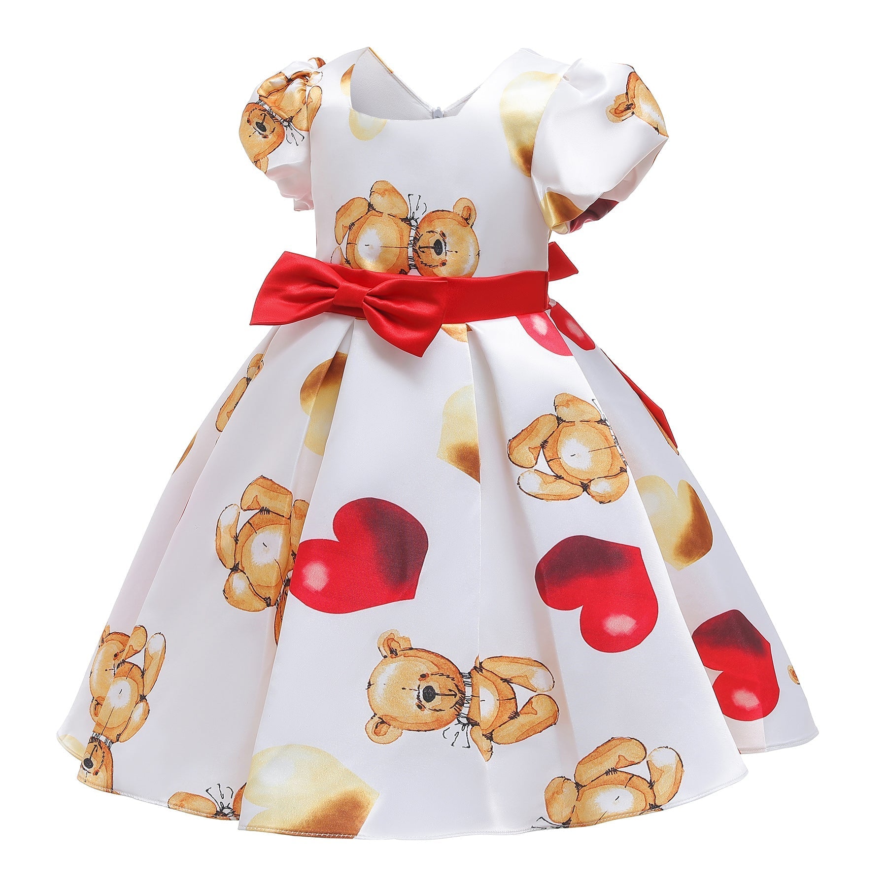 Baby Girl Cartoon Bear Pattern Puff Sleeves Princess Formal Dress My Kids-USA