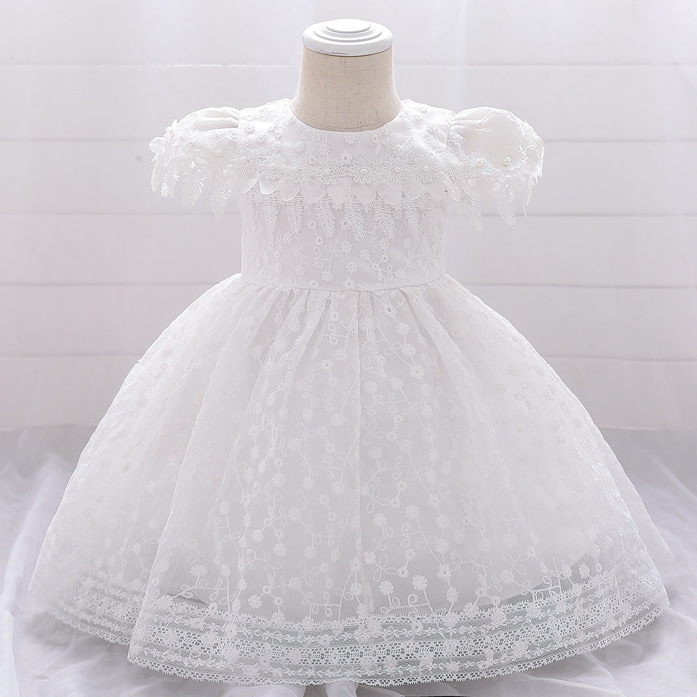 Baby Girl Floral Embroidered Mesh Overlay Design Birthday Baptism Cute Dress My Kids-USA