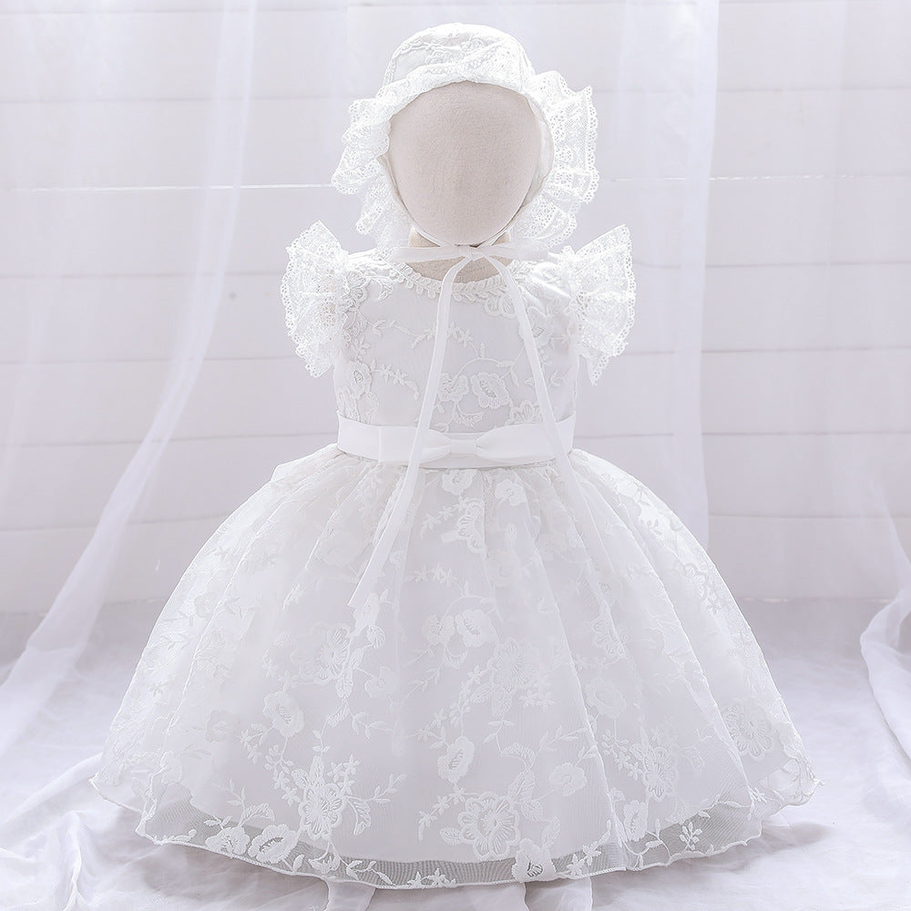 Baby Girl Solid Color Mesh Overlay Design Formal Baptism Birthday Gift Dress With Hat My Kids-USA