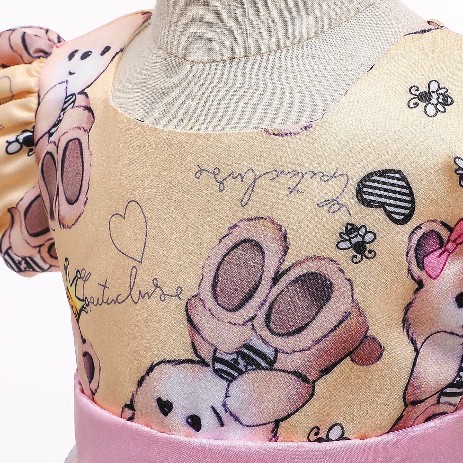 Baby Girl Cartoon Bear Pattern Puff Sleeves Princess Formal Dress My Kids-USA
